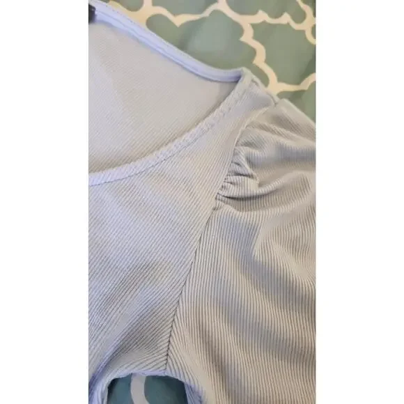 Alya Francesca’s Ribbed Puff Sleeve Scoop Neck Top Blue Size Small - Picture 2 of 9